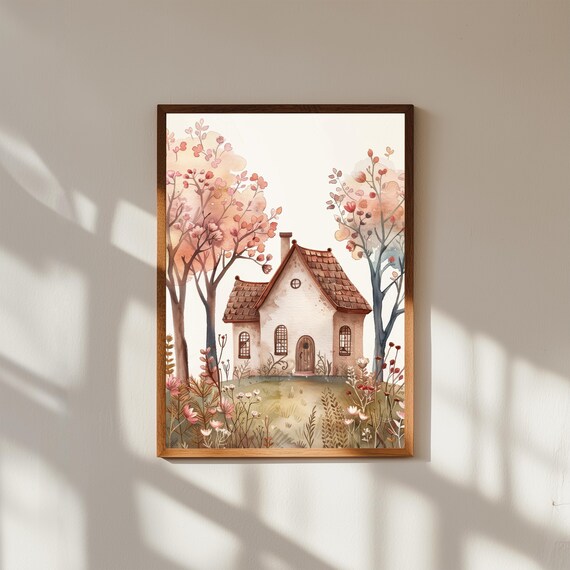Tiny House Watercolor Print | Whimsical Cottage Wall Art | Pastel Flowers & Trees Illustration | Soft Nature Decor | Dreamy Home Poster