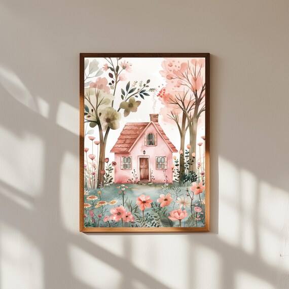 Tiny House Watercolor Print | Whimsical Cottage Wall Art | Pastel Flowers & Trees Illustration | Soft Nature Decor | Dreamy Home Poster