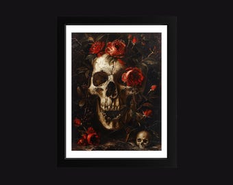 Gothic Skull & Black Roses Oil Painting Art Print: Macabre Home Decor