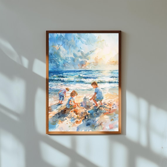 Whimsical Beach Watercolor Print, Children Playing by the Sea Art, Nursery Wall Art, Coastal Kids Room Decor, Summer Ocean Illustration