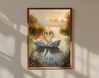 Romantic Swan Heart Oil Painting – Two Swans on Countryside Lake Wall Art, Elegant Nature Love Poster, Tranquil Animal Art Print