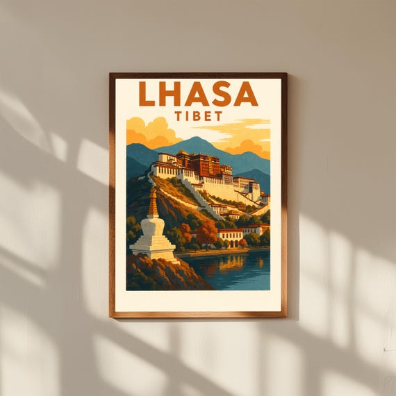 Lhasa Tibet Vintage Travel Poster Print – Retro Wall Art of Potala Palace & Himalayan Mountains – Sacred Landscape Decor for Home