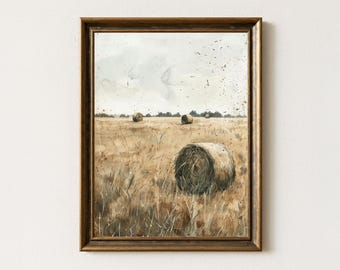 Rustic Hay Bale Field Print: Country Farmhouse Landscape Wall Art
