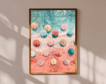 Beach Umbrellas Aerial Print: Colorful Coastal Seaside Art