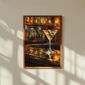 Martini Oil Painting – Crystal Glass with Green Olive – Ultra-Detailed Classic Cocktail Wall Art for Bar or Lounge Decor
