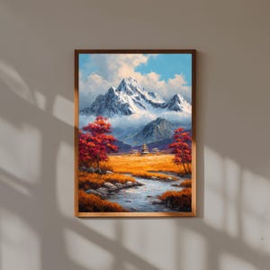 Autumn Mountain Landscape Wall Art – Snowy Peak Oil Painting Print – Red Trees & River Valley Scene – Colorful Nature Home Decor