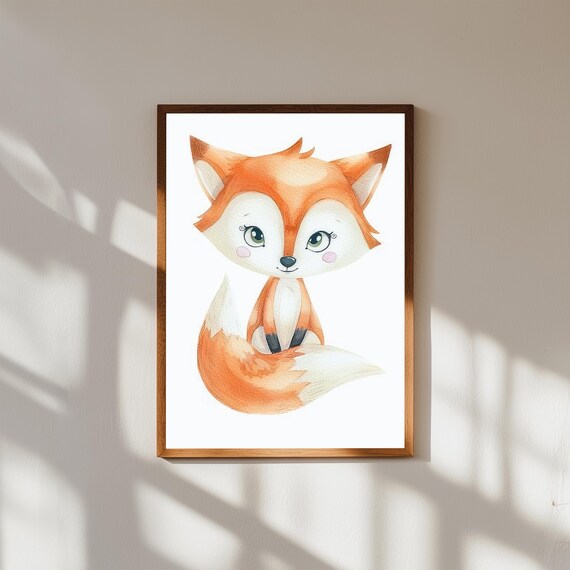 Cute Baby Fox Watercolor Wall Art | Woodland Nursery Animal Print | Forest Baby Room Decor | Gender Neutral Baby Shower Gift