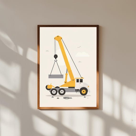 Cute Crane Truck Nursery Wall Art | Bright Construction Vehicle Print | Playful Kids Room Decor | Toddler Truck Poster | Baby Boy Gift