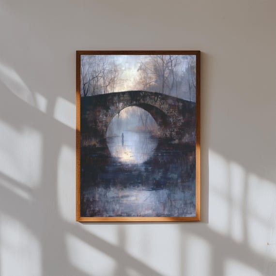 Ghost Beneath Stone Bridge at Twilight – Vintage Oil Painting Print, Gothic Landscape Art, Haunted Wall Decor, Paranormal Fine Art