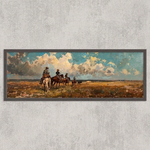 Western Cowboy Wall Art Print, Rustic Horseback Painting, Vintage Ranch Decor