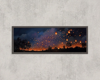 Thailand Lantern Festival Panorama | Chiang Mai Night Sky Wall Art Print