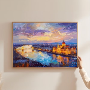Budapest Parliament Chain Bridge Oil Painting Print, Danube Cityscape Canvas Wall Art, Framed Hungary Decor, Travel Gift