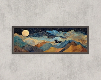 Pegasus Wall Art, Fantasy Moonlit Mountain Print, Mythical Horse Celestial Painting