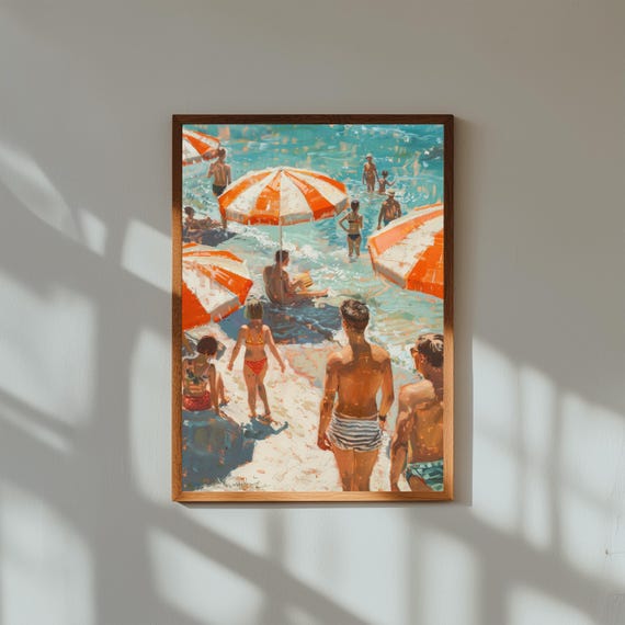 1950s Beach Day Oil Painting Print, Retro Summer Wall Art, Vintage Seaside Poster, Mid-Century Coastal Decor, Nostalgic Beach Scene