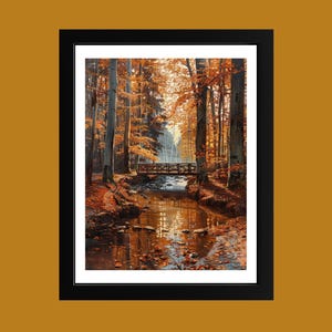 Autumn Forest Bridge Print: Cozy Fall Landscape Wall Art