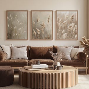 Set di 3 stampe da parete con erba della Pampa, stampe botaniche beige neutre, trio di poster Boho Japandi Nature, decorazioni dai toni calmi della terra per il soggiorno