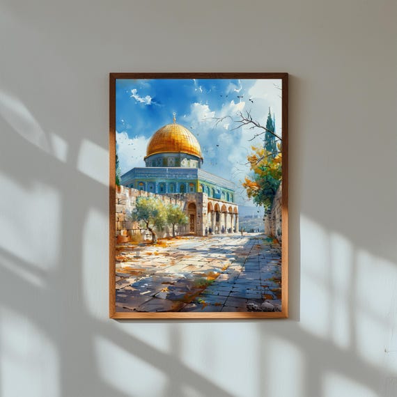 Al Aqsa Mosque Watercolor Print – Ultra-Realistic Islamic Architecture Art, Bright Daylight Scene, Jerusalem Travel Wall Decor