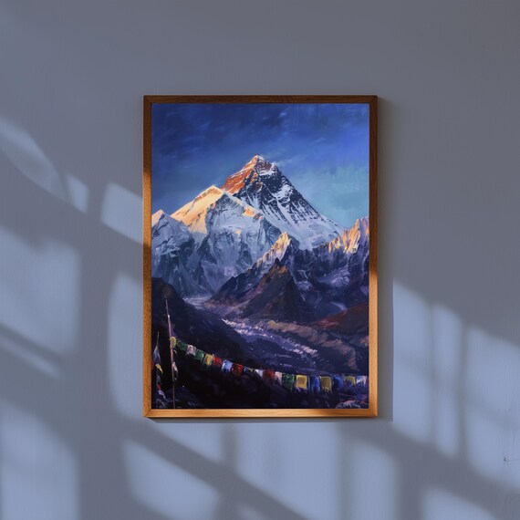 Mount Everest at Dawn Oil Painting – Glowing Icy Ridges Fine Art Print – Dramatic Mountain Landscape Wall Decor – First Light Summit Scene