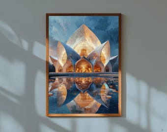 Watercolor Painting of Lotus Temple Delhi at Sunset | Bahá’í House of Worship Wall Art Print | Modern Spiritual Landmark Poster