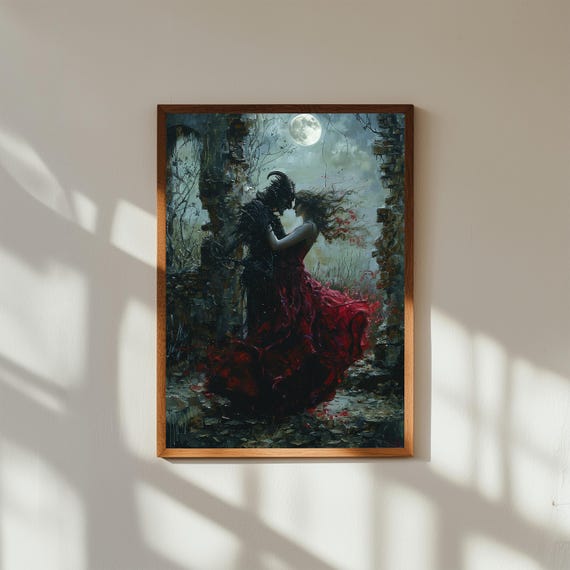 Gothic Demon and Woman Dancing Under Full Moon – Dark Romance Oil Painting Print, Fantasy Wall Art, Haunted Love Gothic Decor