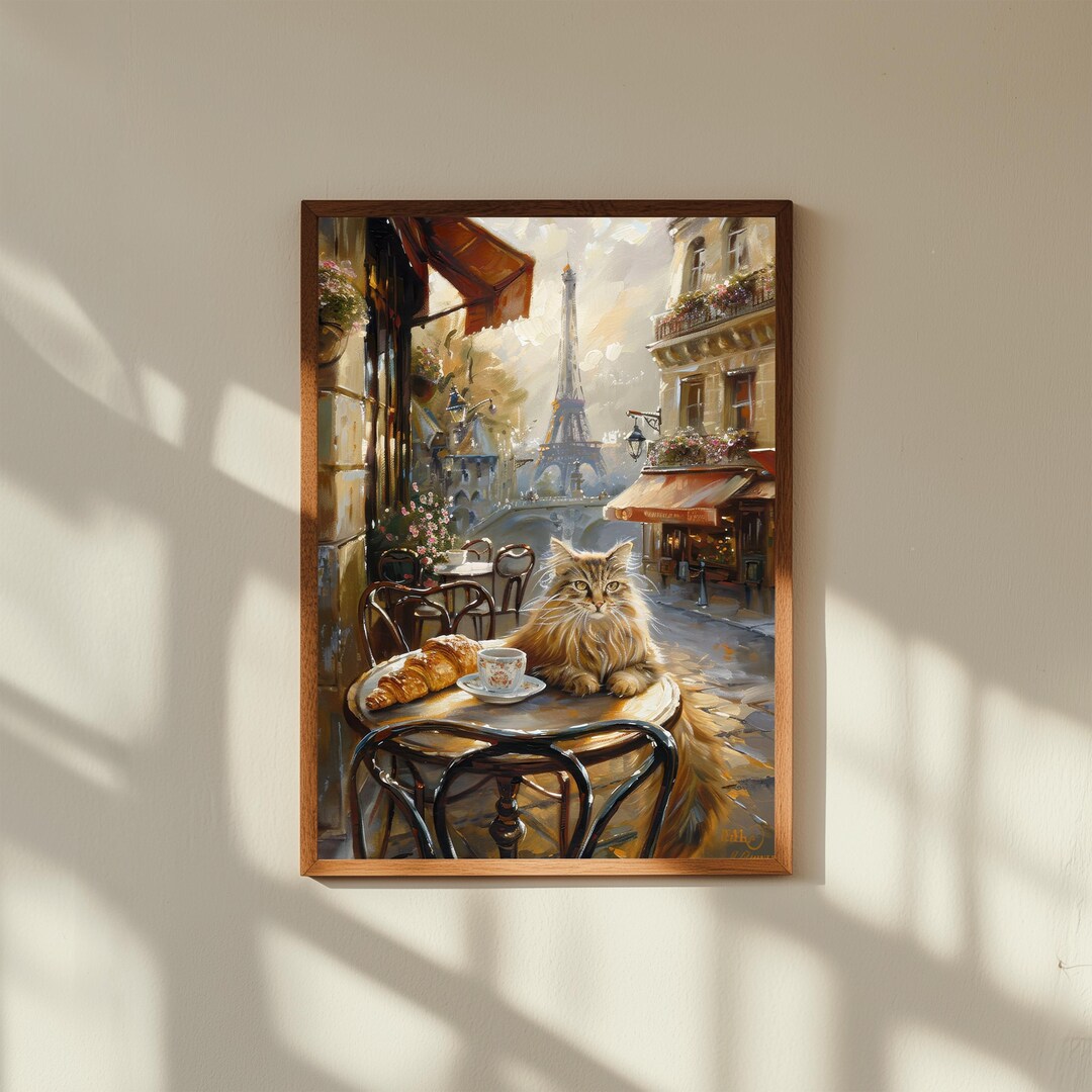 Paris Cafe Cat Oil Painting: Whimsical French Bistro Art Print - Etsy