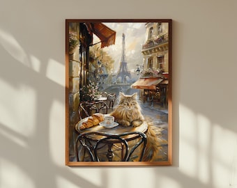 Paris Cafe Cat-olieverfschilderij: grillige Franse bistrokunstafdruk