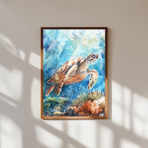Sea Turtle Watercolor Print: Coastal Ocean Coral Reef Art