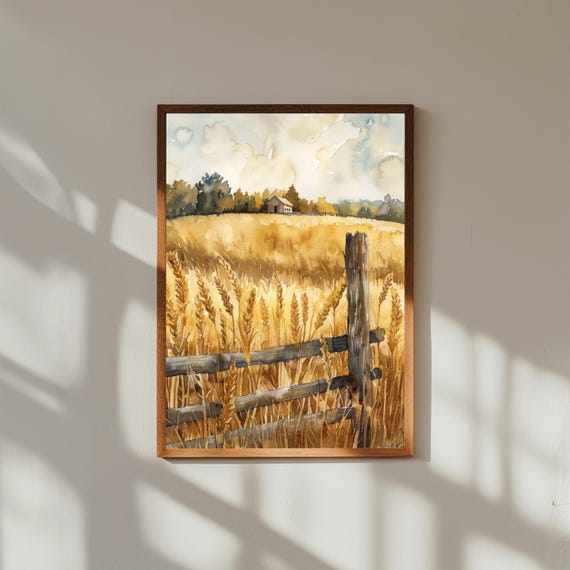 Country Wheat Field Painting – Rustic Wooden Fence Wall Art – Golden Farm Landscape Print for Farmhouse Decor