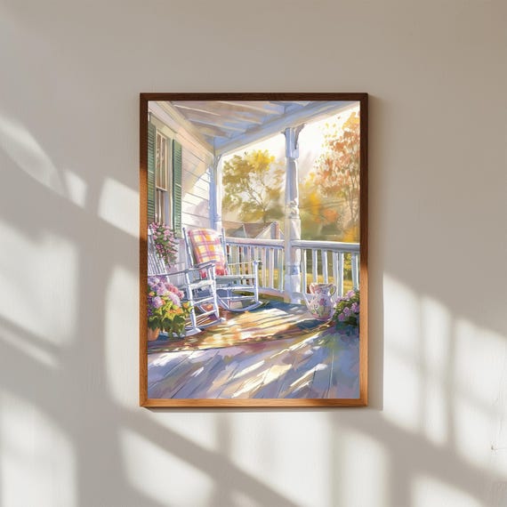 Peaceful Porch Art Print – White Railings & Rocking Chair Country Scene, Rustic Farmhouse Decor, Tranquil Rural Front Porch Poster