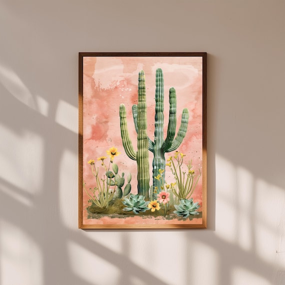 Dreamy Desert Cactus & Succulent Painting – Boho Earth Tone Wall Art – Southwest Botanical Print for Home Decor
