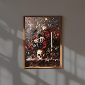 Póster de pintura al óleo de calavera gótica / Impresión de arte mural floral oscuro / Cráneo humano con rosas negras / Decoración gótica / Arte macabro para el hogar