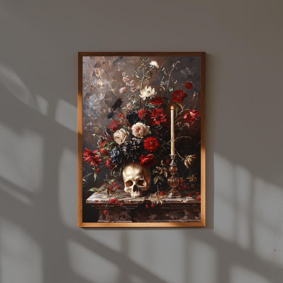 Gothic Skull Oil Painting Poster | Dark Floral Wall Art Print | Human Skull with Black Roses | Gothic Decor | Macabre Art for Home