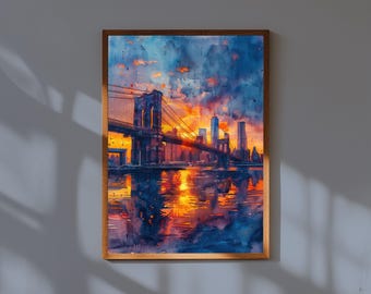 Impresión de acuarela del puente de Brooklyn: arte mural del horizonte de Nueva York