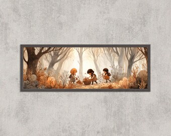 Whimsical Autumn Forest Panorama: Kids Collecting Leaves Art Print