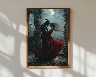 Impresión de pintura al óleo de un demonio gótico y una mujer: arte mural de fantasía romántica oscura