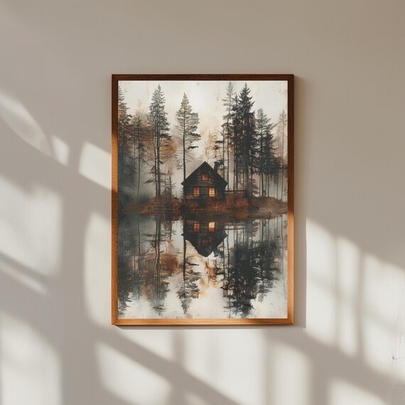 Dreamy Cabin in Forest with Lake Reflection – Serene Nature Poster, Peaceful Cabin Wall Art, Calm Water Landscape Print, Rustic Decor