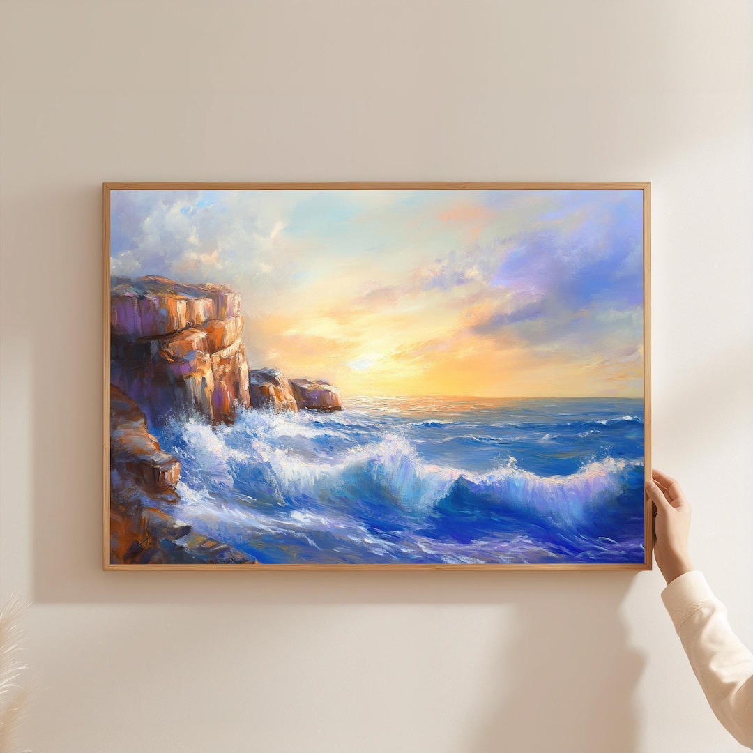 Mediterranean Sunset Cliffside Wall Art – Ocean Waves & Coastal ...