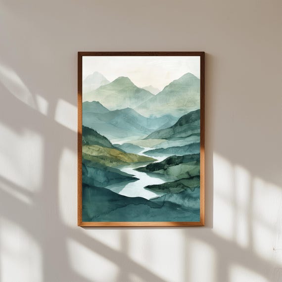 Highlands River Landscape Wall Art | Calm Nature Painting of Winding River Through Hills | Serene Mountain Scenery Canvas | Rustic Decor
