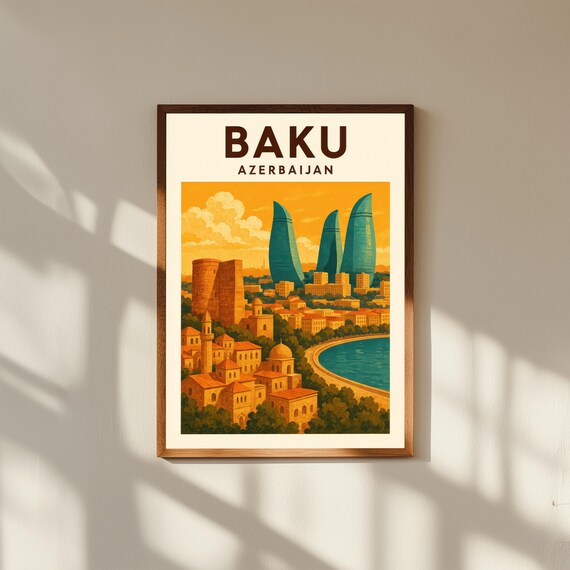 Baku Azerbaijan Vintage Travel Poster Print – Retro Wall Art of Flame Towers & Caspian Sea – Caucasus City Decor for Home or Office