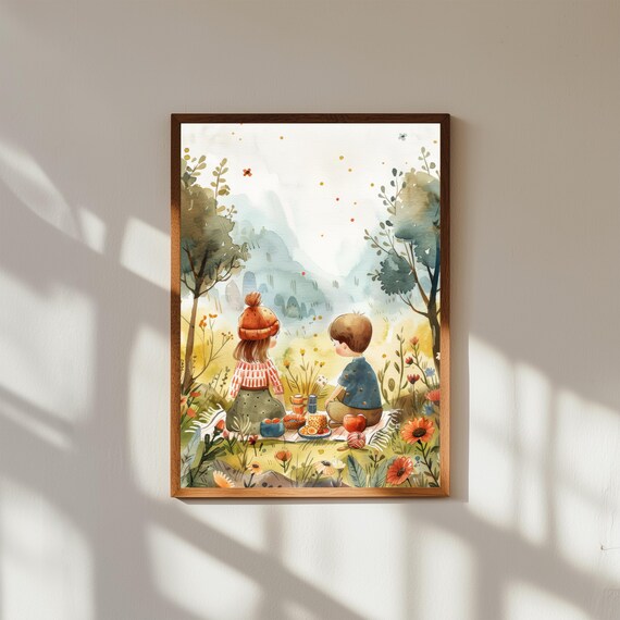Whimsical Watercolor Picnic Print, Children in Sunny Meadow Art, Nursery Wall Decor, Pastoral Kids Room Illustration, Summer Day Scene