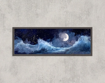 May include: A framed art print depicting a night ocean scene. The artwork features large, foamy waves in shades of blue, a crescent moon, and a starry night sky. The frame is dark brown.