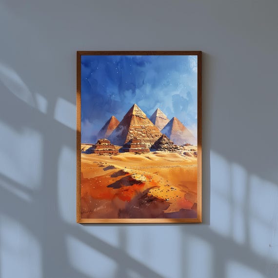 Watercolor Painting of Pyramids of Giza Egypt | Ancient Desert Landmark Wall Art Print | Midday Travel Poster