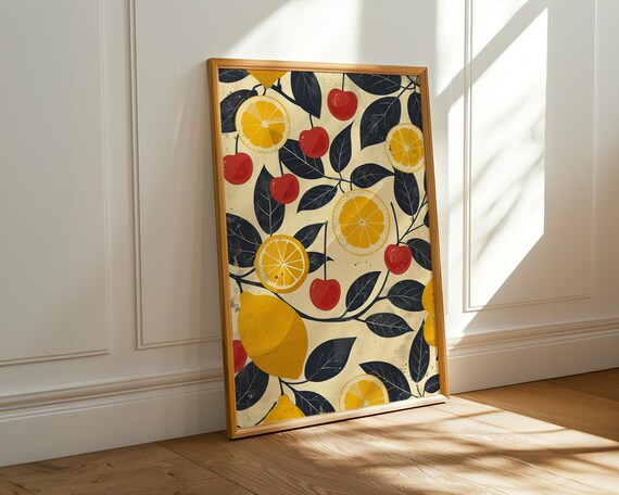 Retro Fruit & Veggie Wall Art – Vintage Kitchen Print, 50s Style Produce Poster, Mid-Century Modern Decor, Farm Fresh Market Art