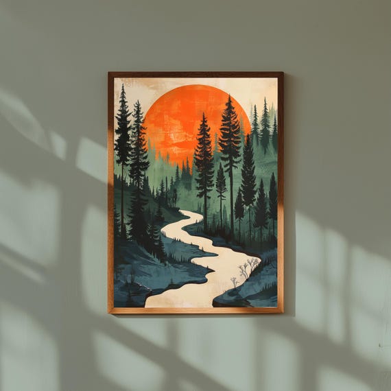 Retro Pine Forest Wall Art – Vintage River Landscape Print – Nature Poster for Cabin or Lodge Decor – Mid Century Modern Wilderness Scene