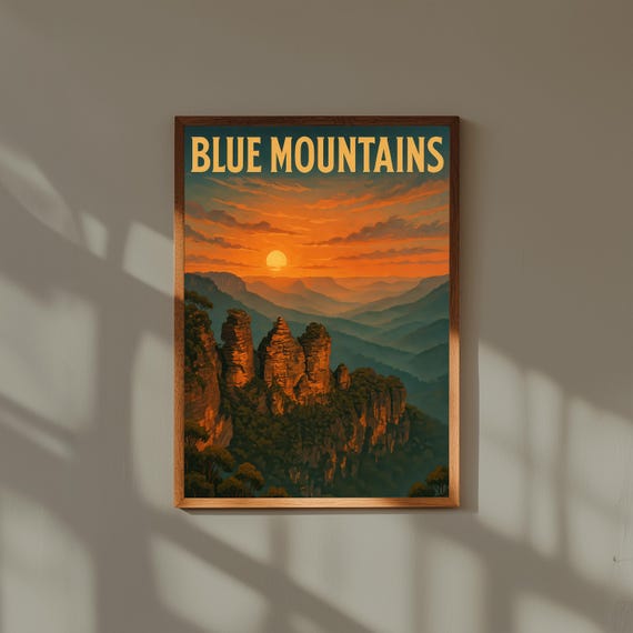 Blue Mountains Vintage Travel Poster, Retro Australia Nature Print, Scenic Mountain Wall Art, National Park Landscape Illustration