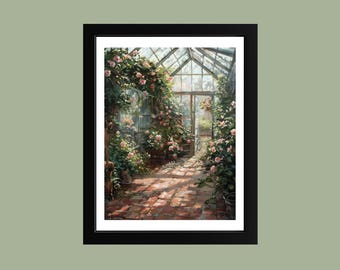 Antique Greenhouse Oil Painting Print: Victorian Botanical Garden Wall Art