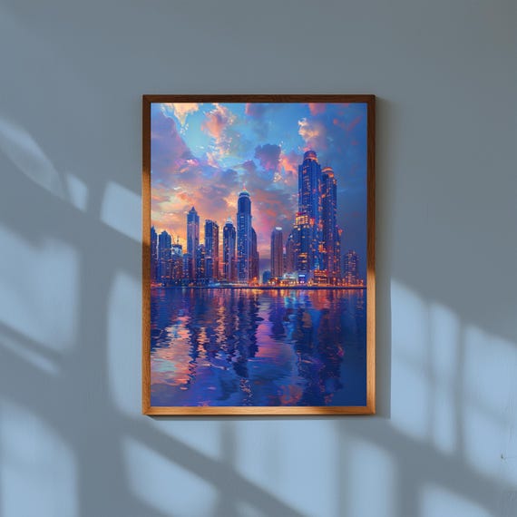 Dubai Marina Skyline Watercolor Print – Dusk Cityscape Art, UAE Travel Poster, Modern Architecture Wall Decor, Waterfront Skyline Art