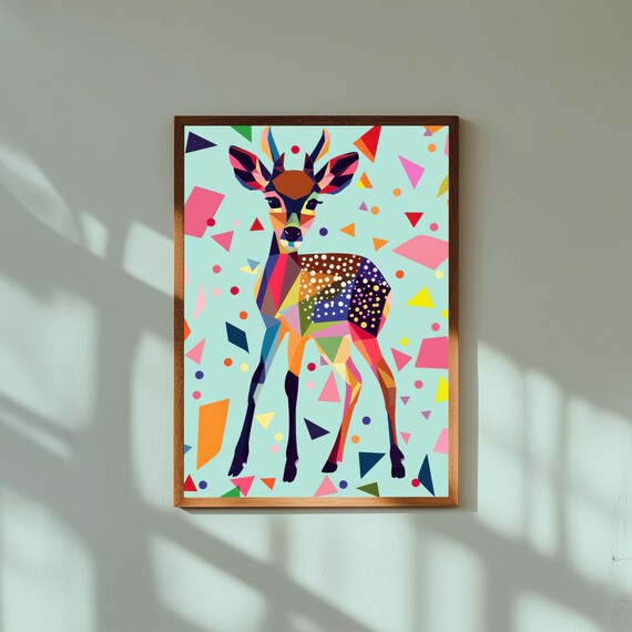 Funky Baby Deer Nursery Art – Whimsical Fawn Poster Print, Cute Woodland Animal Wall Art, Modern Gender Neutral Nursery Decor