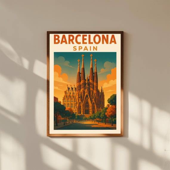 Barcelona Spain Vintage Travel Poster – Sagrada Familia Wall Art – Retro Spanish City Print for Home or Office Decor