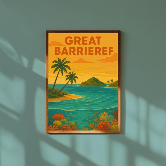 Great Barrier Reef Vintage Travel Poster, Retro Ocean Wall Art, Australia Coral Reef Illustration, Tropical Coastal Decor, Marine Print